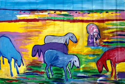 Menashe KADISHMAN - Painting - Landscape with Sheeps
