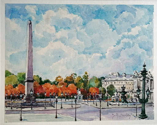Jeanne-Marie BARBEY - Dibujo Acuarela - Place de la Concorde, Paris