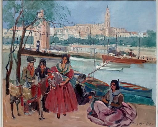 Lucienne CAPDEVIELLE - Pintura - Gitanos. El rio Guadalquivir, torre del oro. Sevilla