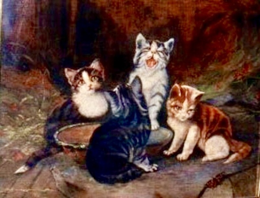 Charles II VAN DEN EYCKEN - Pittura - Vier Katzen mit Schmetterling,Four cats with butterfly