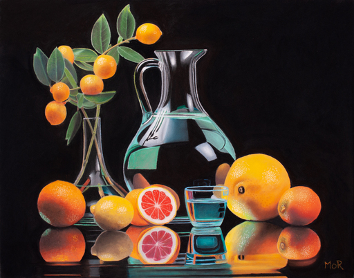 Dietrich MORAVEC - Disegno Acquarello - Citrus Fruits and Glass Vessels