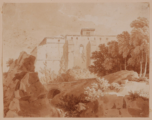 Constant BOURGEOIS DU CASTELET - Dibujo Acuarela - "Benedictine Monastery at Subiaco near Rome", early 19th C