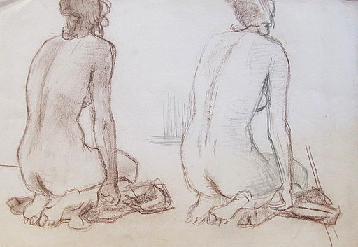 Erich HARTMANN - Disegno Acquarello - #19679: 2 nackte knieende Frauen. 
