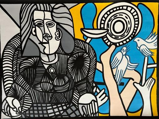 ERRÖ - Peinture - Femme assise, Hommage à Picasso
