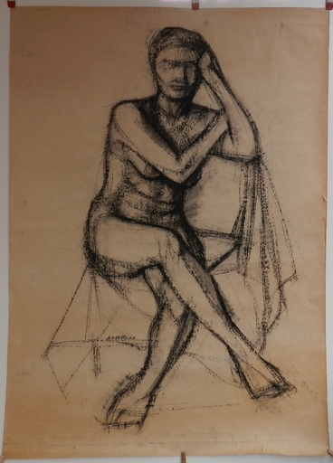 Andrej BARCIK - Drawing-Watercolor - Zasnený sediaci akt ženy