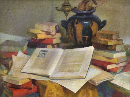 Fausto VAGNETTI - Gemälde - Natura morta con libri e vaso