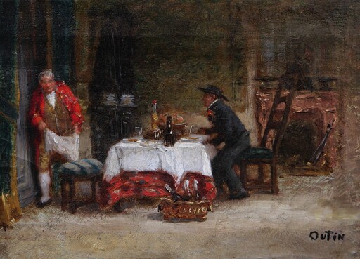Pierre OUTIN - Pintura - Scène de déjeuner en Bretagne sous le règne de Louis XV