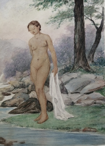 Charles françois MOUTHON - Zeichnung Aquarell - Nu à la serviette blanche - (M33)
