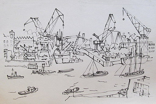 Ivo HAUPTMANN - Drawing-Watercolor - Hamburger Hafen. 