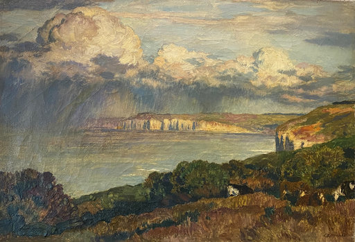 Émile René MENARD - Peinture - Ciel d'orage  - vaches paissant près des falaise normandes