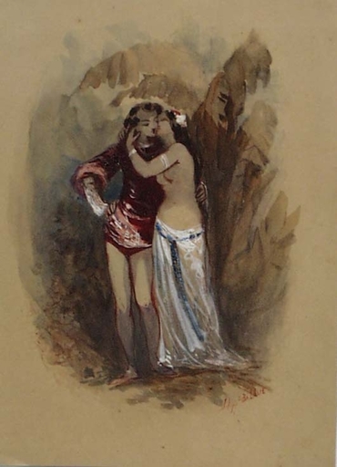 Hippolyte Omer BALLUE - Disegno Acquarello - "Lovers" Watercolor by Hippolyte Ballue,middle 19th Century 