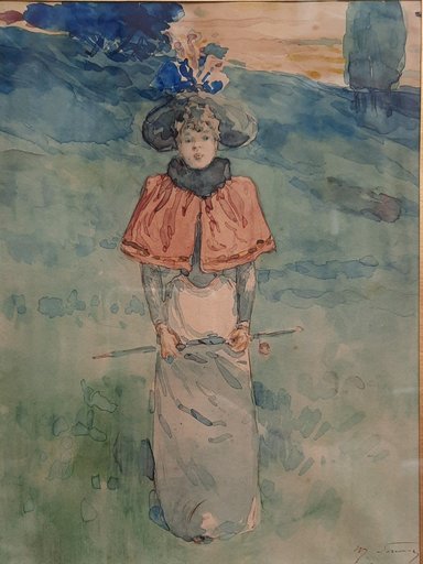 Henry SOMM - Zeichnung Aquarell - La Femme au chapeau
