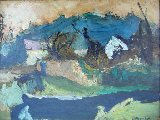 Vasyl KHMELUK - Gemälde - Mountain Landscape with Straw Huts