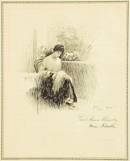 Karl Maria SCHUSTER - Dibujo Acuarela - "Artist's Sister", Ink Drawing, 1905