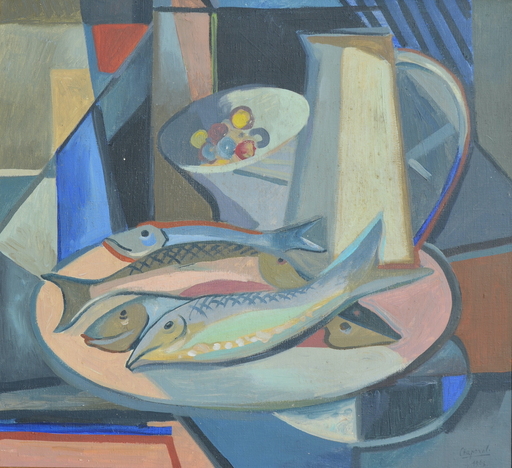 Youla CHAPOVAL - Pittura - Still life with fishes and dishes 