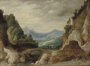 Joos II DE MOMPER - Gemälde - An extensive rocky landscape with travelers by a bridge