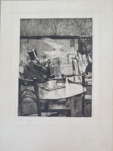 Lesser URY - Estampe-Multiple - In the Café. [Man in a Top hat in front of a Coffee House Wi
