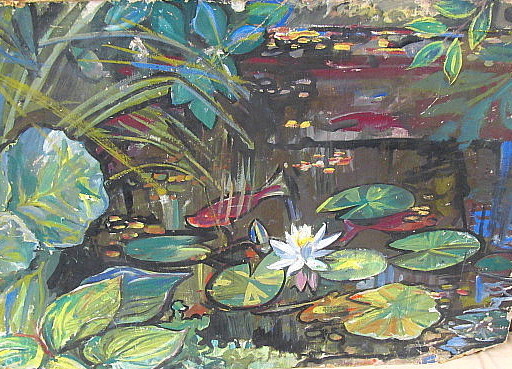 August LANGE-BROCK - Zeichnung Aquarell - Seerose und Fische im  Teich
