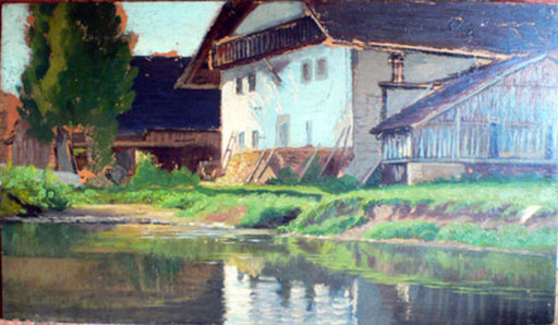 Adolphe POTTER - Painting - Barn by a River