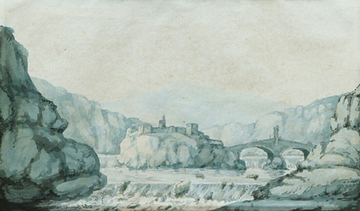 William DANIELL - Zeichnung Aquarell - Festung im Fluss / River Fortification