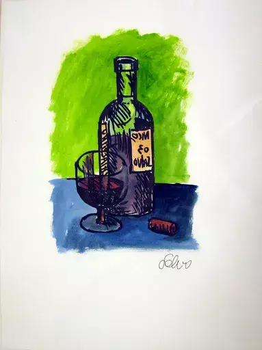 沙沃 - 水彩作品 - Bottiglia e bicchiere e sigaro