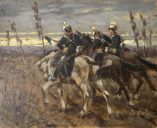 Enrico VIZZOTTO - Painting - I° Reggimento Cavalleria pesante alle manovre