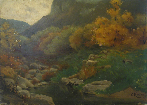 Gustave KARCHER - 绘画 - Herbstliche Bachlandschaft in den Voralpen