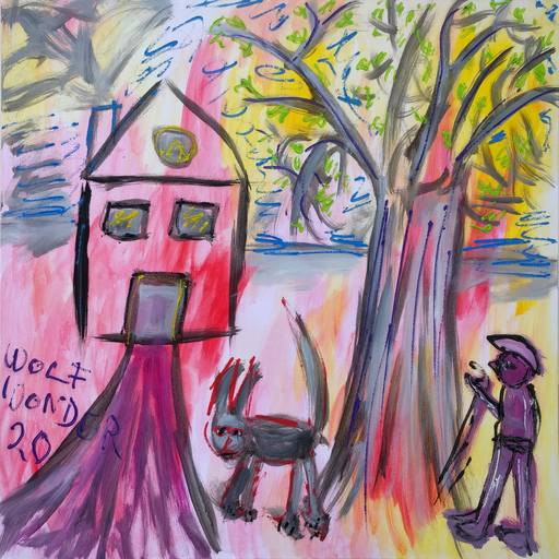 Wolf WONDER - Peinture - Rotes Haus mit Baum