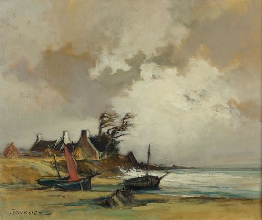 Lucien FOURNET - Painting - Marine Bretonne à marée basse à Lescornil