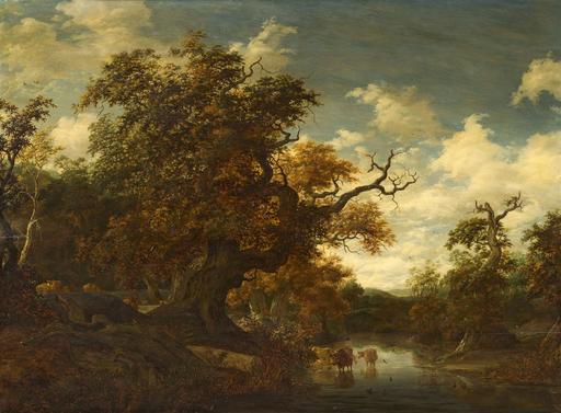 Jacob Salomonsz. VAN RUYSDAEL - Painting - Landscape with large oak tree, water and cattle