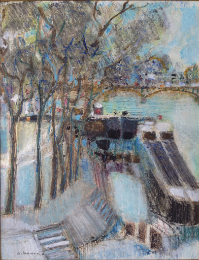 André BOURRIE - Pittura - Péniches sur les quais de Seine