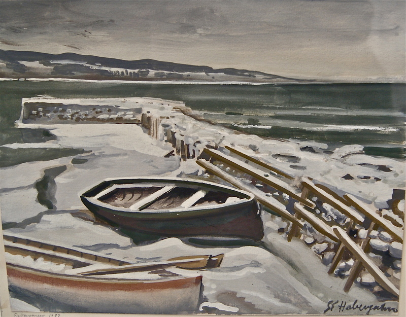 Gabriel Eduard HABERJAHN - Dibujo Acuarela - Barques sur la grève en hiver. Estavayer le lac Suisse