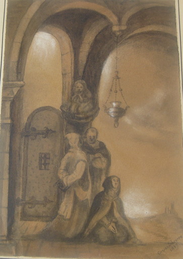 Caspar SCHEUREN - Drawing-Watercolor - Trauernde und betende vor einer gotischen Kapelle
