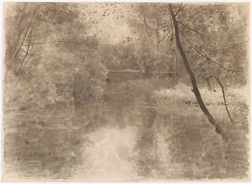 Ludwig RÖSCH - Disegno Acquarello -  "Forest Pond", ca 1900, Chalk Drawing