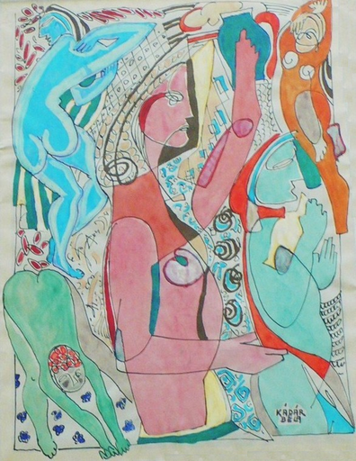 Béla KADAR - Zeichnung Aquarell - The bathing nudes & Characters with horses