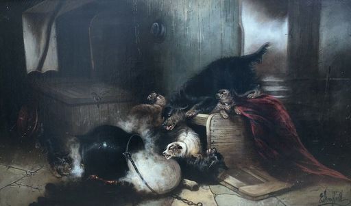 Edward ARMFIELD - Painting - dogs playing around