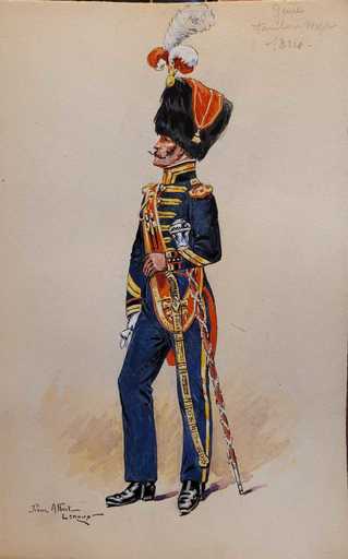 Pierre Albert LEROUX - Disegno Acquarello - Tambour Major Du Génie en 1824