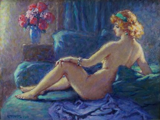 George C. WARNER - Painting - « Femme nue, allongée sur son divan »