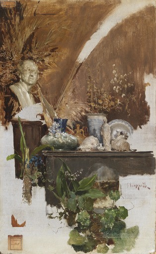 Pietro SCOPPETTA - Painting - Studio di interno d'atelier con il busto di Diderot