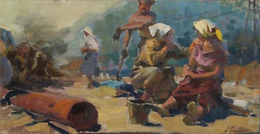 Arkady SOROKA - Painting - "Street Workers", Soviet Socialist Realism, 1960's