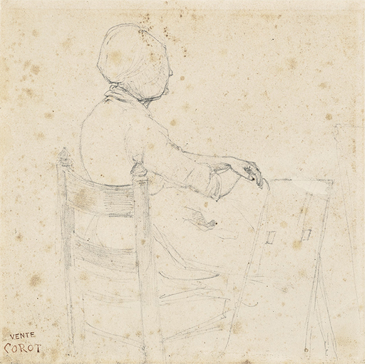 Camille Jean-Baptiste COROT - Drawing-Watercolor - Mujer sentada con boina, vista desde atrás