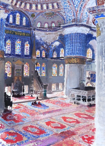 Albert BRENET - Dessin-Aquarelle - Vue intérieure animée de la Mosquée Bleue à Istanbul