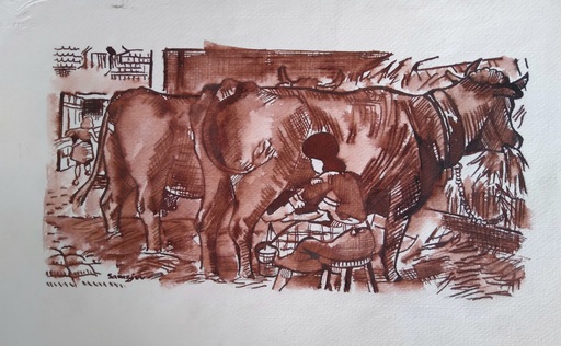 Michel SARAZIN - Drawing-Watercolor - La traite des vaches.