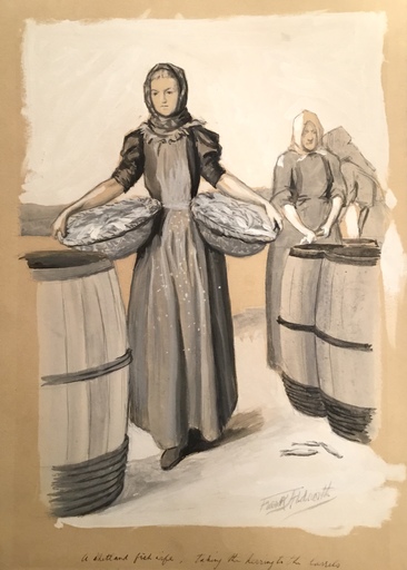 Frank ALDWORTH - Drawing-Watercolor - A Shetland fish wife, taking the herring to the barrels 