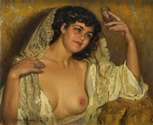 José CRUZ HERRERA - Peinture - Retrato femenino con copa