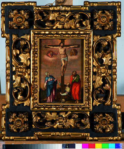 Marcello VENUSTI - Peinture - Cristo crucificado con la Virgen María, San Juan Evangelista