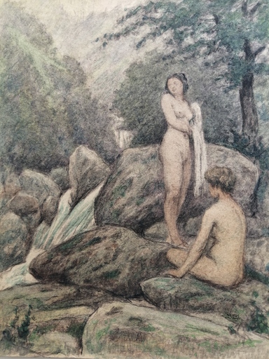 Charles françois MOUTHON - Disegno Acquarello - Nus à la cascade - (M16)