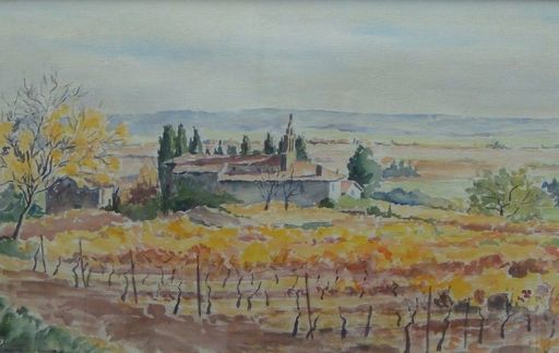André LAC - Drawing-Watercolor - Eglise dans les vignes