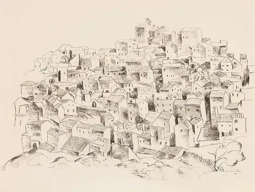 Georg MAYER - Drawing-Watercolor - Städtchen am Berg