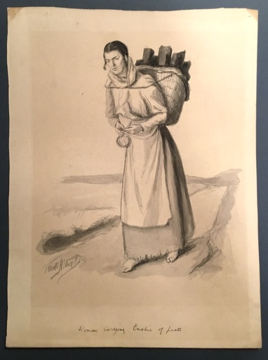 Frank ALDWORTH - Disegno Acquarello - Woman carring cushie of peats 